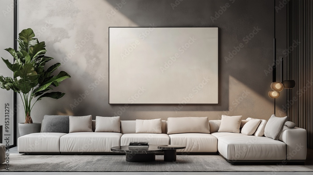 A sofa and a blank banner hanging on the wall define this modern minimalist living room. A sofa and a blank banner hanging on the wall define this modern minimalist living room.