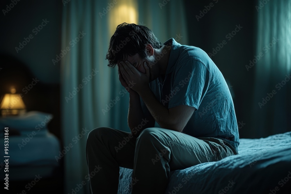 Despair and Loneliness: Depressed Man Sitting on Bed in Dark Room, Face Buried in Hands, Mental Health Concept