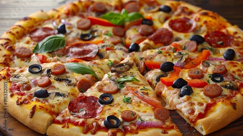 Delicious freshly baked pizza topped with pepperoni, olives, and vegetables served on a rustic wooden table