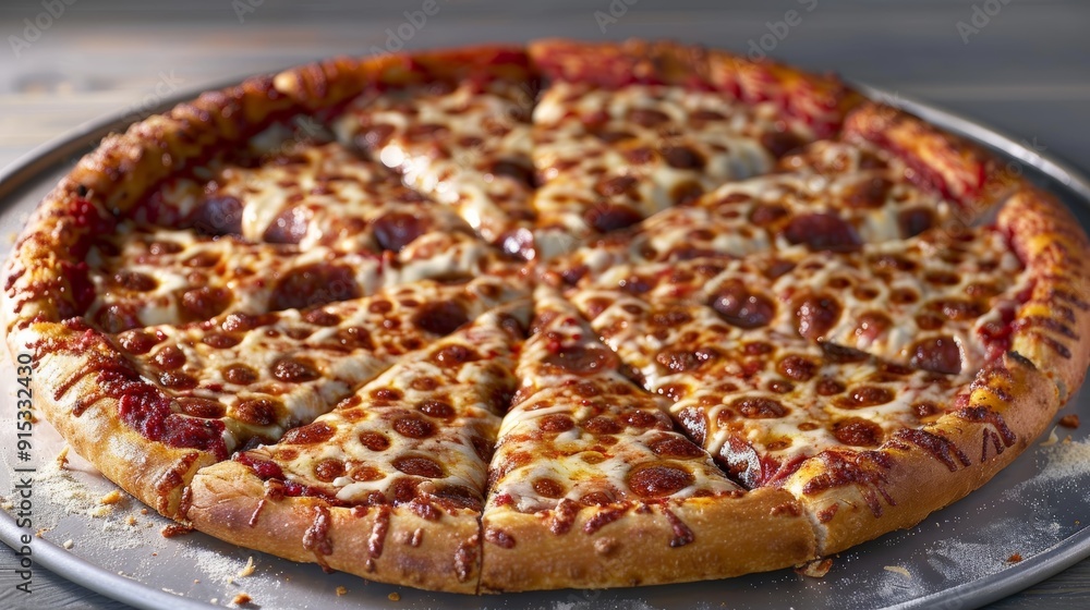 Delicious pepperoni pizza served on a round tray with melted cheese and golden crust Delicious pepperoni pizza served on a round tray with melted cheese and golden crust