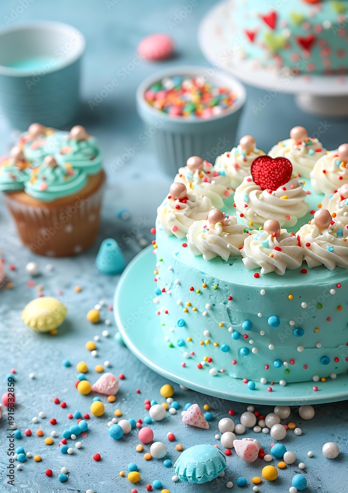 A beautifully decorated pastel blue cake adorned with colorful sprinkles and icing, perfect for birthday and celebration themes, surrounded by matching cupcakes and dessert decorations, A beautifully decorated pastel blue cake adorned with colorful sprinkles and icing, perfect for birthday and celebration themes, surrounded by matching cupcakes and dessert decorations,