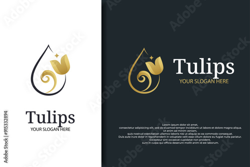 Premium beauty and cosmetics logo design vector template. Tulip and drop icon design vector template in linear style