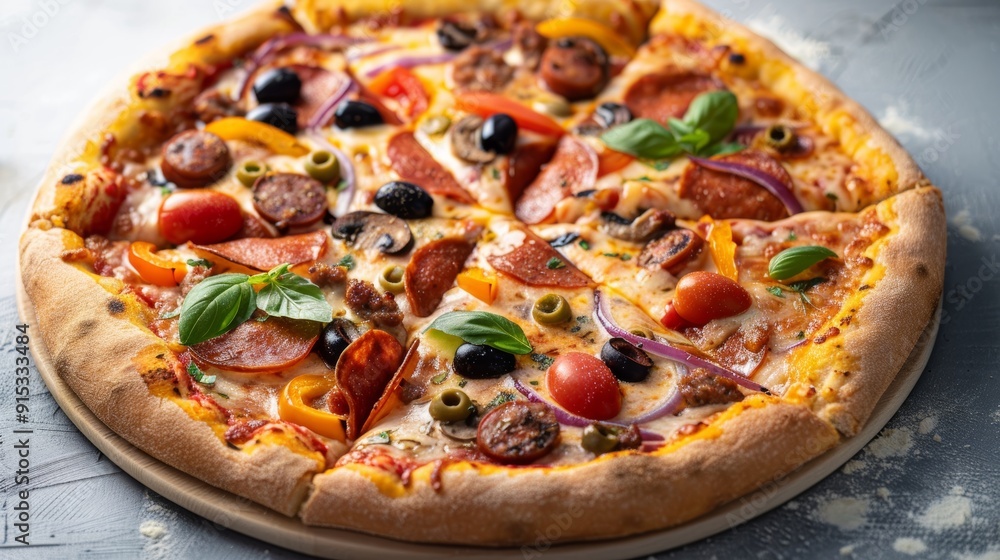Freshly baked pizza topped with various ingredients on a rustic wooden surface Freshly baked pizza topped with various ingredients on a rustic wooden surface