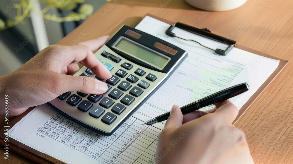 Accountant working on financial report using calculator Accountant working on financial report using calculator