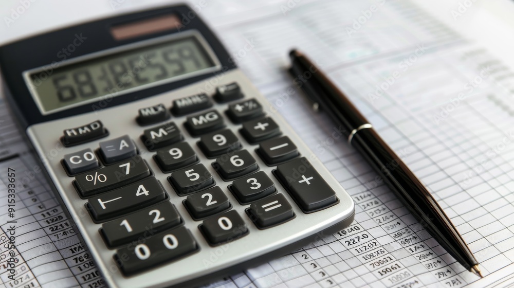 Black calculator and pen on financial report. Black calculator and pen on financial report.