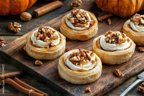 Fototapeta Naklejka Na Ścianę i Meble -  Seasonal pumpkin spice pastries with nuts and cream on rustic wooden table
