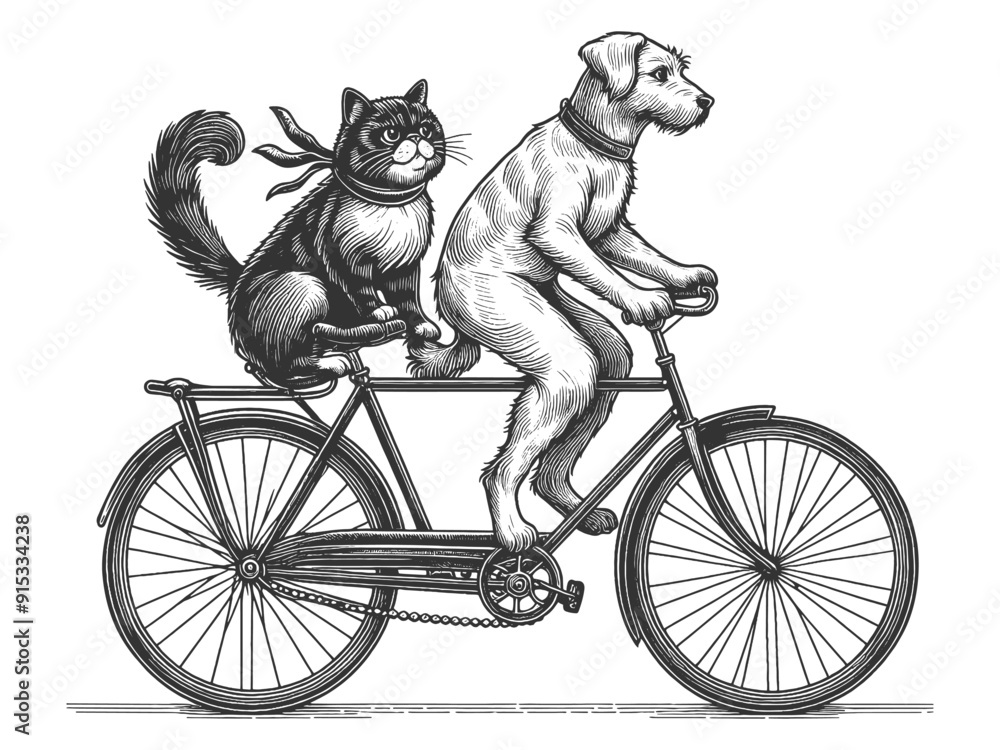 Obraz premium dog and cat riding a bicycle together, capturing a whimsical and playful scene with vintage flair sketch engraving generative ai vector illustration. Scratch board imitation. Black and white image.