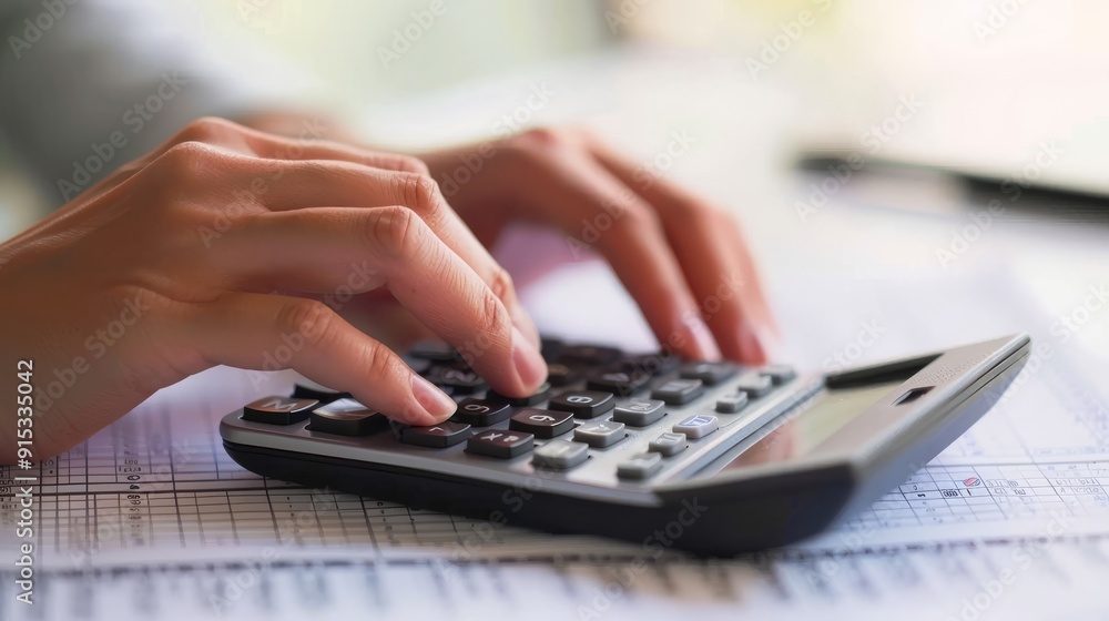 A person using a calculator to add up some numbers. A person using a calculator to add up some numbers.