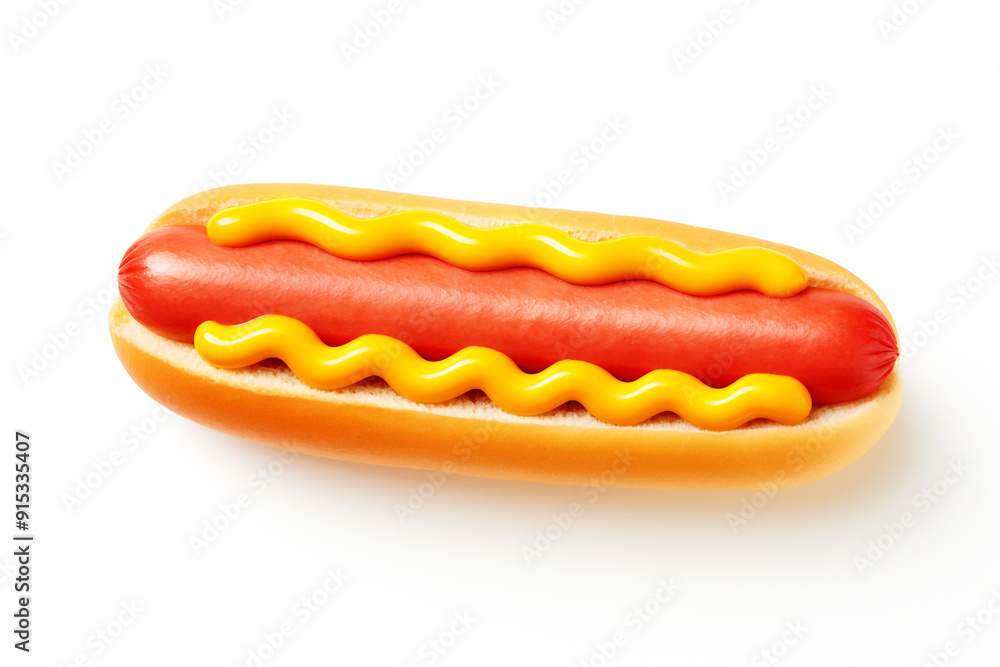 Close-up of a hot dog with mustard, top view of a hot dog, white background food photography. Classic American hot dog Close-up of a hot dog with mustard, top view of a hot dog, white background food photography. Classic American hot dog