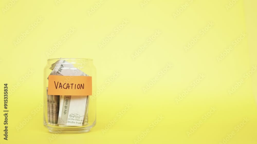 Saving money for Vacation. Putting Indian Rupee notes into the glass jar Saving money for Vacation. Putting Indian Rupee notes into the glass jar