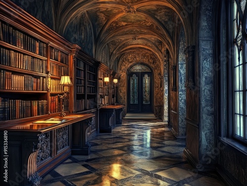 Majestic Antique Library with Ornate Wooden Shelves and Dim Lighting in Gothic Hallway