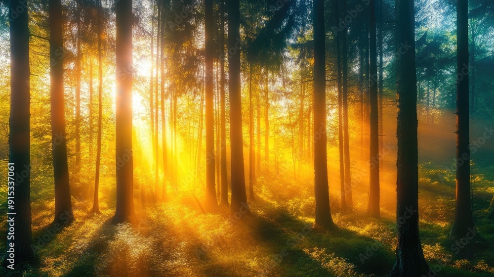 Obraz premium A vibrant forest with sunlight streaming through the trees, showcasing the dynamic beauty of natural light.