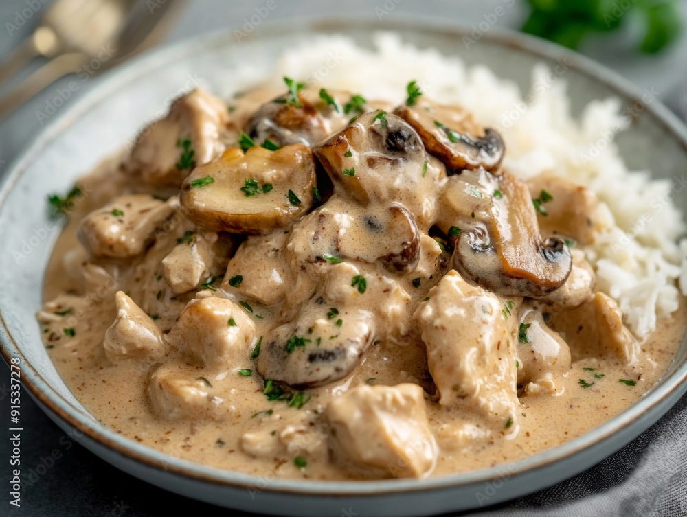 Chicken Mushroom Stroganoff with Luxurious Presentation in Soft Light - Elegant Dining Concepts Chicken Mushroom Stroganoff with Luxurious Presentation in Soft Light - Elegant Dining Concepts