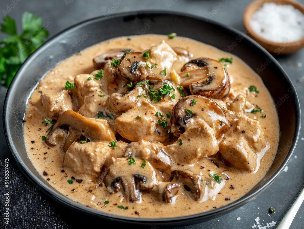 Chicken Mushroom Stroganoff with Luxurious Presentation in Soft Light - Elegant Dining Concepts Chicken Mushroom Stroganoff with Luxurious Presentation in Soft Light - Elegant Dining Concepts