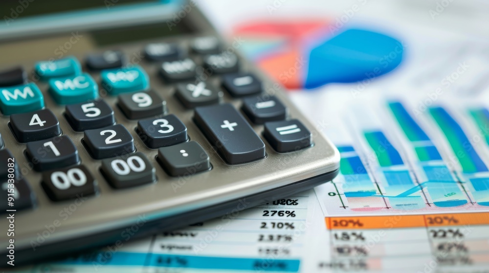 Close-up of a calculator on a desk with a financial newspaper in the background. Close-up of a calculator on a desk with a financial newspaper in the background.