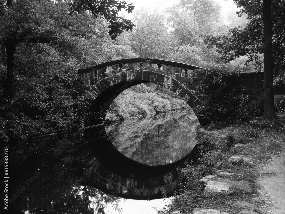 Fototapeta premium Ancient Stone Bridge Over Serene River in Black and White Forest Landscape
