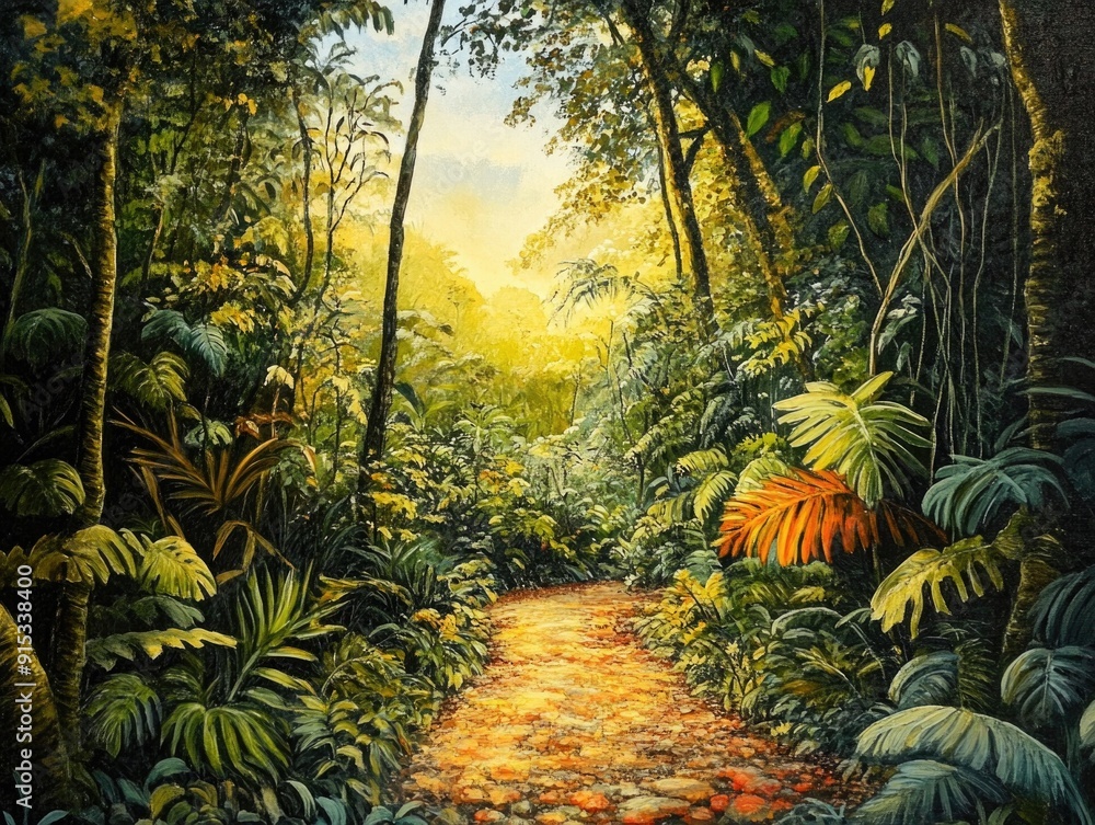 Fototapeta premium Sunlit Path Through Dense Tropical Rainforest with Lush Greenery and Vibrant Foliage