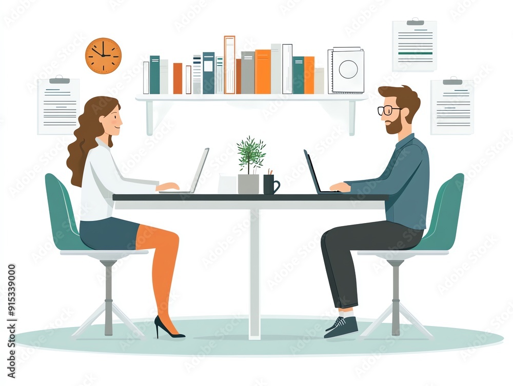 Two colleagues working together at a desk in an office. Two colleagues working together at a desk in an office.