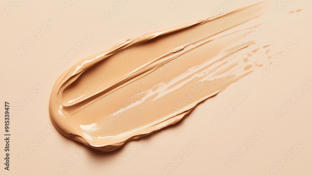 A creamy swatch of beige foundation applied on a smooth surface in natural light A creamy swatch of beige foundation applied on a smooth surface in natural light