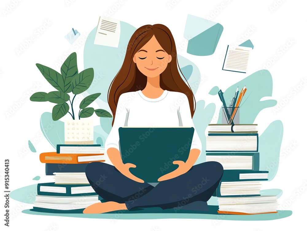 Woman working from home, sitting on the floor with her laptop, surrounded by documents. Woman working from home, sitting on the floor with her laptop, surrounded by documents.