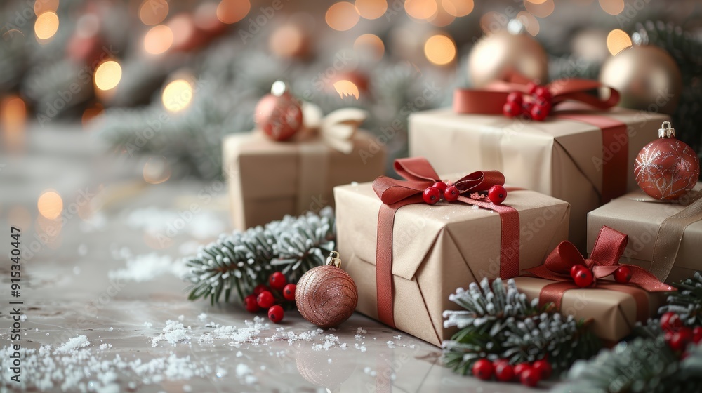 Presents wrapped in brown paper with red ribbons placed among holiday decorations and twinkling lights indoors Presents wrapped in brown paper with red ribbons placed among holiday decorations and twinkling lights indoors