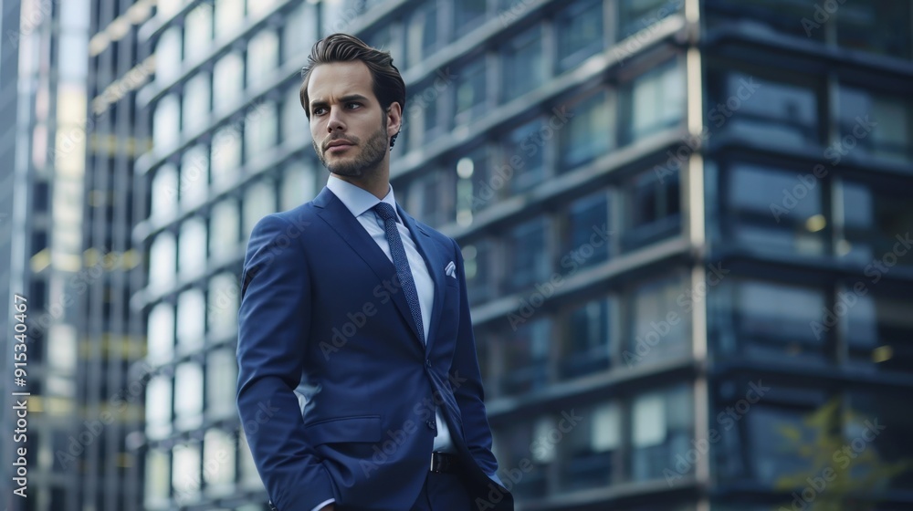 Fototapeta premium Confident young male executive in a blue suit standing outdoors in front of modern glass skyscrapers in the financial district.