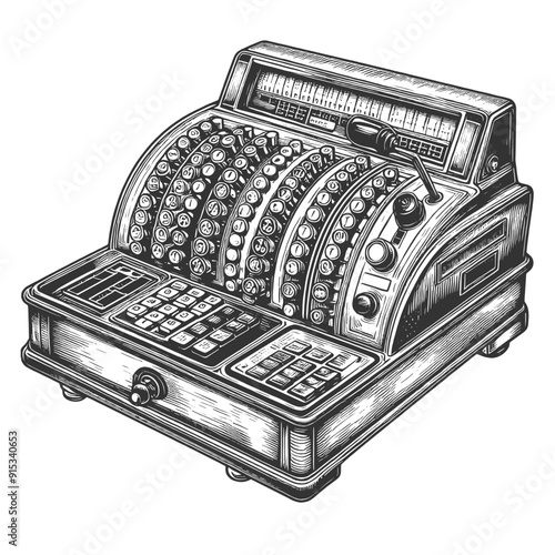 vintage mechanical cash register, antique design and classic retail equipment sketch engraving generative ai vector illustration. Scratch board imitation. Black and white image.