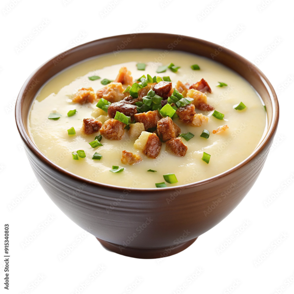 A bowl of creamy potato soup with bacon bits isolated on transparent background. A bowl of creamy potato soup with bacon bits isolated on transparent background.