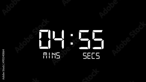 Digital Countdown Timer Animation on Black Background - 5 Minutes 

