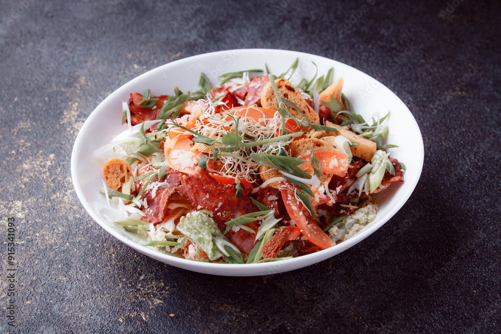 Salad panzanella of tomatoes and paper with fresh greens. Fresh vegetable mix at dark table. Top view, Copy space. Salad panzanella of tomatoes and paper with fresh greens. Fresh vegetable mix at dark table. Top view, Copy space.