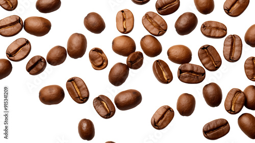 Close-up of coffee beans scattered, isolated on white background, top view