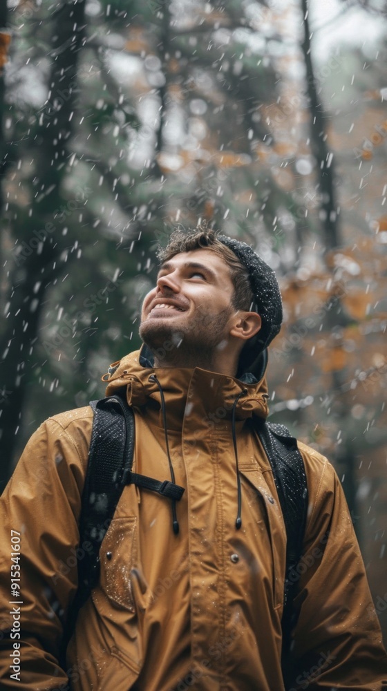 A bearded man in a yellow jacket stands in a snowfall-filled forest, smiling and enjoying autumn's beauty. Serene atmosphere with visible snowflakes and colorful foliage. A bearded man in a yellow jacket stands in a snowfall-filled forest, smiling and enjoying autumn's beauty. Serene atmosphere with visible snowflakes and colorful foliage.