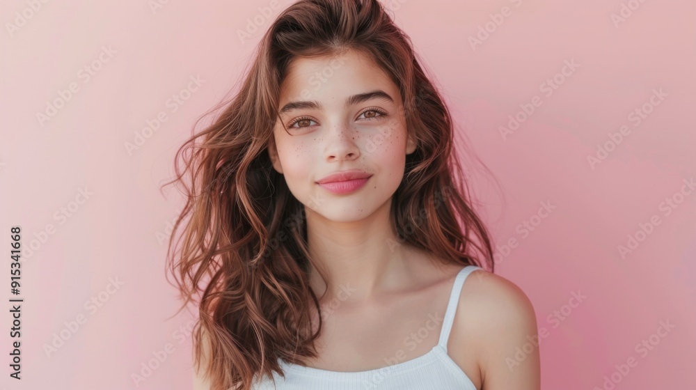 A young woman with freckles, curly brown hair, and fair skin in front of a pink background, smiling at the camera with a candid and positive vibe. A young woman with freckles, curly brown hair, and fair skin in front of a pink background, smiling at the camera with a candid and positive vibe.