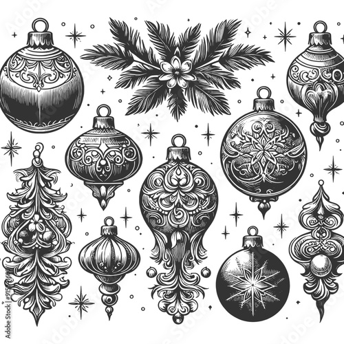 vintage Christmas ornaments and decorations, including baubles, stars, and festive foliage sketch engraving generative ai vector illustration. Scratch board imitation. Black and white image.