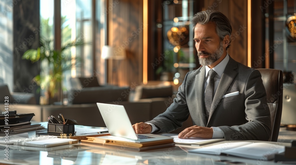 A businessman in a modern office working on his laptop during the daytime A businessman in a modern office working on his laptop during the daytime