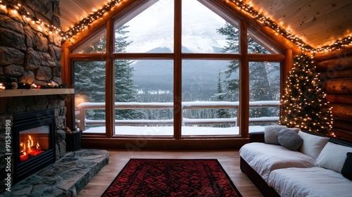 Cozy cabin features a fireplace, a red and black rug, and snow-draped trees viewable through large windows, creating a serene winter atmosphere