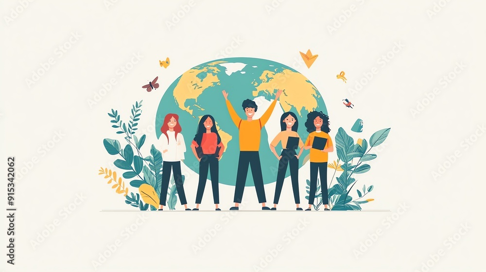 Diverse people stand together in front of the earth. Diverse people stand together in front of the earth.