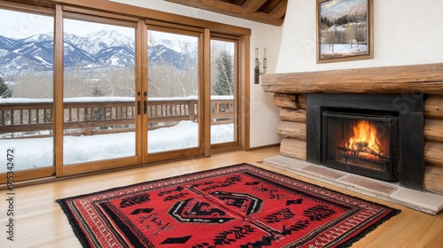 Cozy cabin features a fireplace, a red and black rug, and snow-draped trees viewable through large windows, creating a serene winter atmosphere