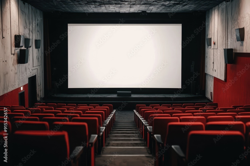 A movie theater with a large screen and red seats, White blank screen banner A movie theater with a large screen and red seats, White blank screen banner
