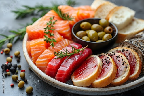 Delicious Charcuterie Board with Fresh Salmon, Tuna, Olives, and Bread for Gourmet Dining photo