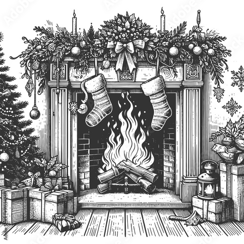 Christmas decorated fireplace with stockings, wreath, candles, and gifts, cozy Christmas scene sketch engraving generative ai vector illustration. Scratch board imitation. Black and white image.