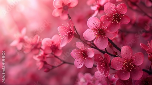 Cherry blossom branches adorned with vibrant pink flowers during springtime in a tranquil garden setting