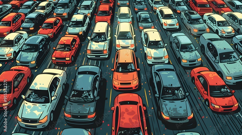 Fototapeta premium Topview Drawing of City Transportation: Panoramic Image of Rush Hour Congestion and Stress.