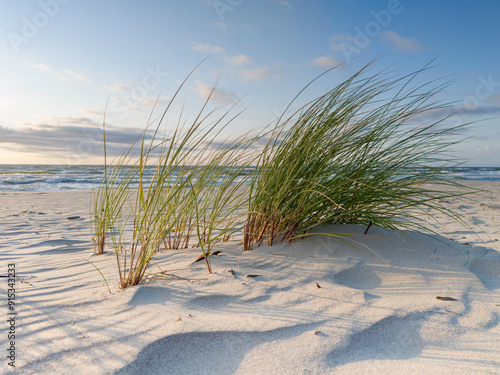 Fototapeta Naklejka Na Ścianę i Meble -  Morze Bałtyckie, zachodząca słońce i pusta piaszczesta plaża. 