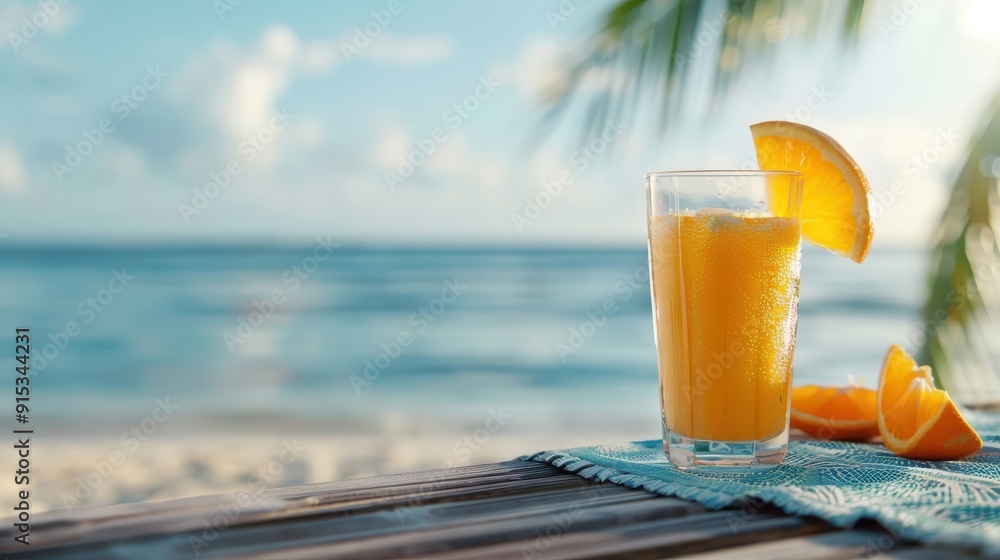 Glass of orange juice on beachside table, ocean background, tropical vibe, refreshing summer drink. Glass of orange juice on beachside table, ocean background, tropical vibe, refreshing summer drink.