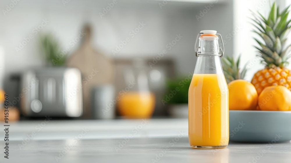 Pineapple juice bottle on modern kitchen counter, fresh pineapples, sleek appliances. Pineapple juice bottle on modern kitchen counter, fresh pineapples, sleek appliances.