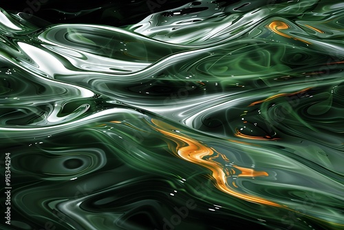 Abstract Green and Orange Fluid Art with Metallic Shine - Perfect for Modern Design Projects, Posters, and Digital Artwork photo