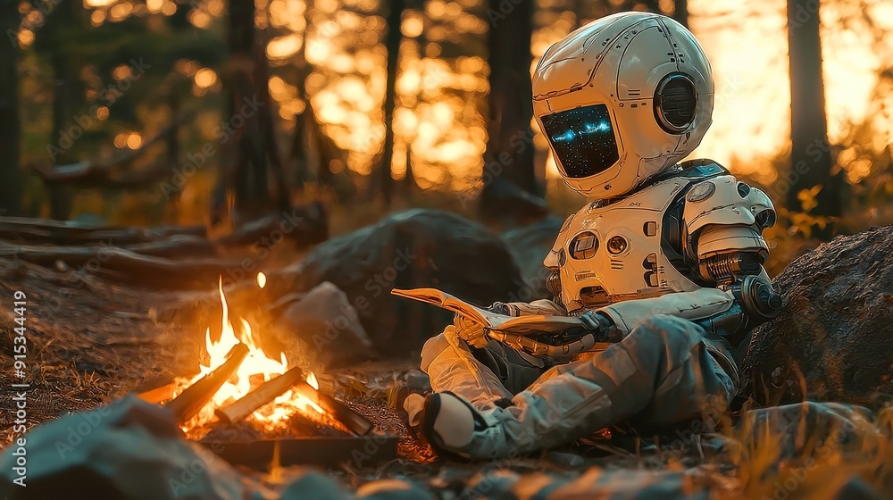 Children gathered around a campfire, captivated by a humanoid robot sharing enchanting stories, merging the warmth of tradition with the wonders of innovation in a free-spirited setting. Children gathered around a campfire, captivated by a humanoid robot sharing enchanting stories, merging the warmth of tradition with the wonders of innovation in a free-spirited setting.