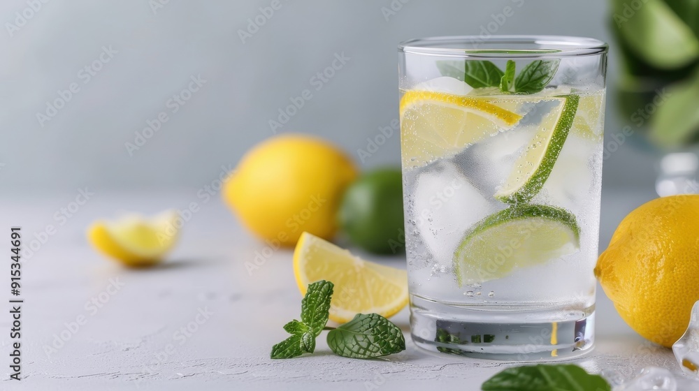 Fototapeta premium A cocktail of lemon juice and sparkling water with a twist of lime in a highball glass, perfect for a refreshing summer drink.