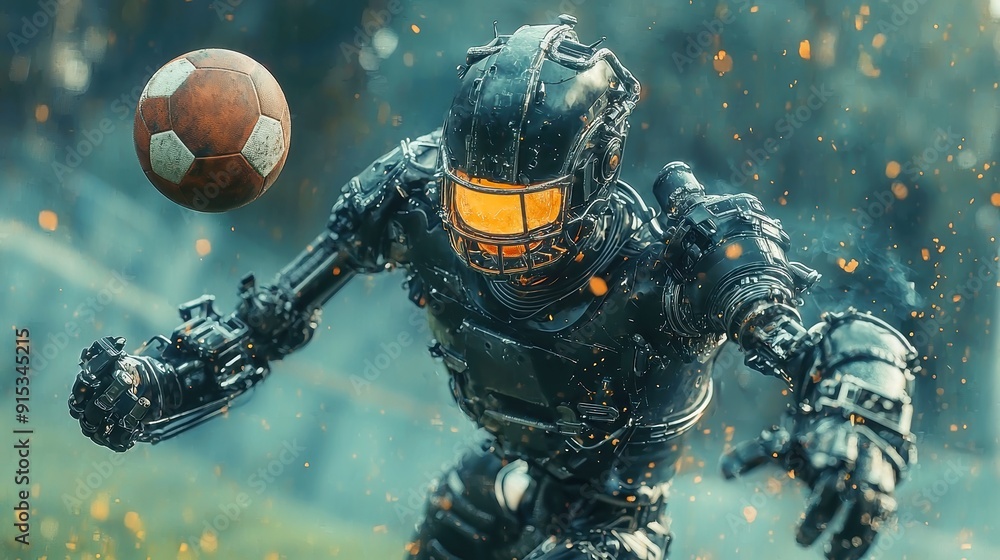 Steampunk Robot Football Match, a dynamic urban sports scene featuring ...
